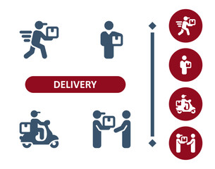 Delivery icons. Delivery man, courier, delivery boy, scooter, package, parcel, delivering icon