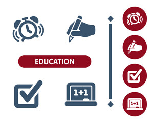 Education icons. School, alarm clock, hand, pencil, writing, check mark, tick box, blackboard icon