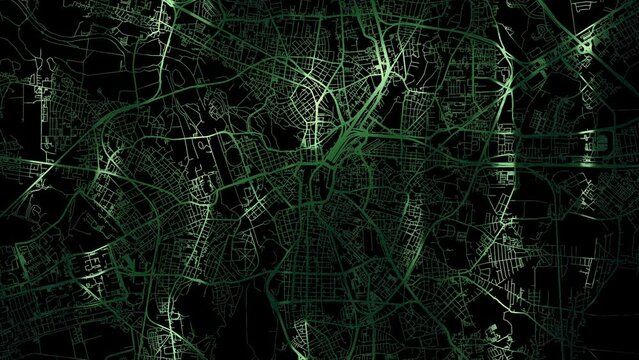 Zoom in road map of Leipzig Germany with green glowing roads on a black background.