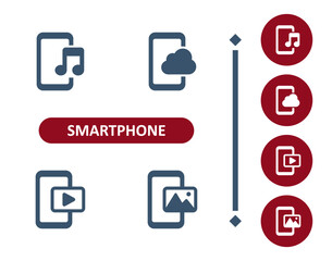 Fototapeta premium Smartphone Icons. Mobile Phone, Telephone, Music, Audio, Picture, Video, Cloud Computing Icon