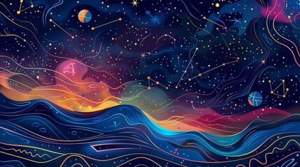 Celestial Constellations and Vibrant Nebula - Abstract Space Art - obrazy, fototapety, plakaty
