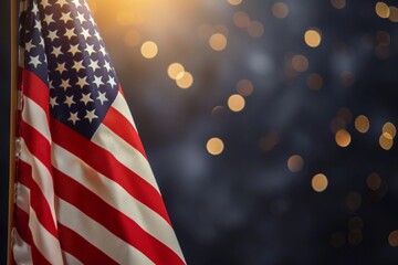 Close up view of American flag with blurred light spots. 4th of July Celebration concept.