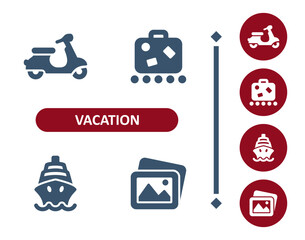 Vacation icons. Tourism, scooter, moped, luggage, baggage, cruise ship, photo icon