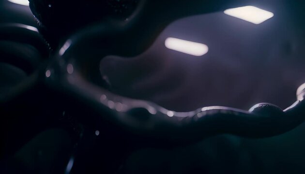 Winding tentacles of an alien monster inside a dark lair. Limbs of a mysterious creature twist and turn in narrow space. Xenomorph crawling through the spaceship, bending its tentacles in strange way