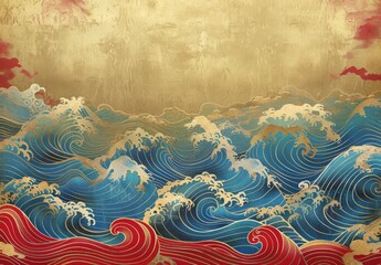 A painting depicting a turbulent ocean with powerful waves crashing against unseen shores, set against a dramatic sky filled with dark clouds.