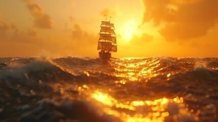 Majestic sailing ship on golden waves during a breathtaking ocean sunset - obrazy, fototapety, plakaty
