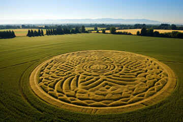 Fototapeta na wymiar Majestic crop circle in a lush green field at sunrise, UFO