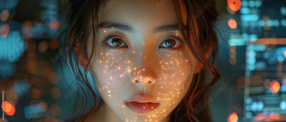 Aufkleber technology keeping up with the times, concept. a young asian woman is using an innovative future tec