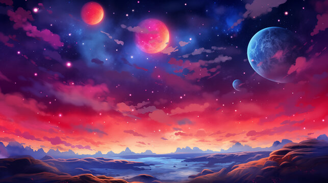 Surreal cosmic landscape with vibrant skies and planets