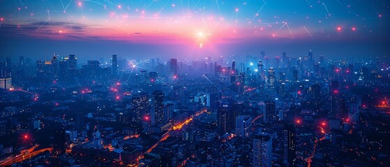 An ultramodern city at night with a wireless network connection and a cityscape concept. Wireless network technology concept with a city backdrop.