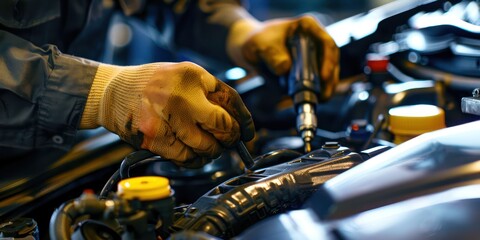 closeup of car maintainer fixing car, vehicle maintenance - obrazy, fototapety, plakaty