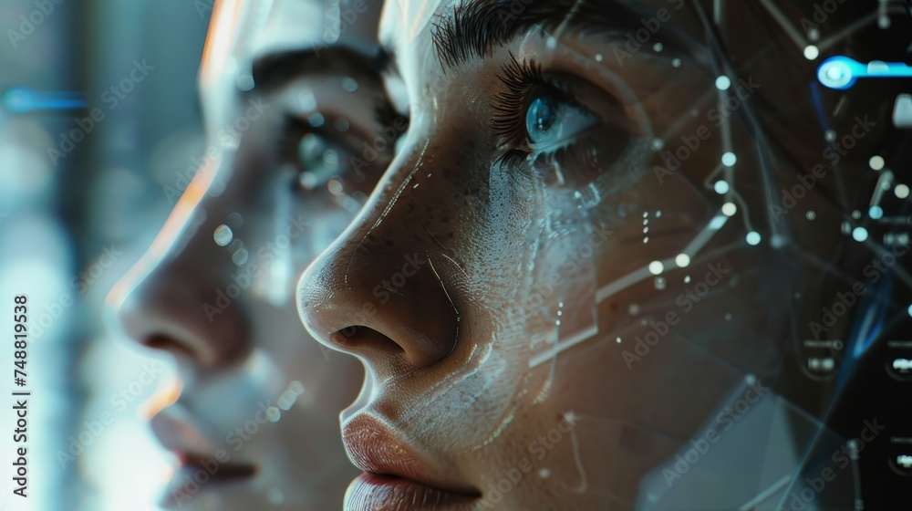 Aufkleber An artificial intelligence concept depicting the future of digital technology in the form of a human and a robot face close up