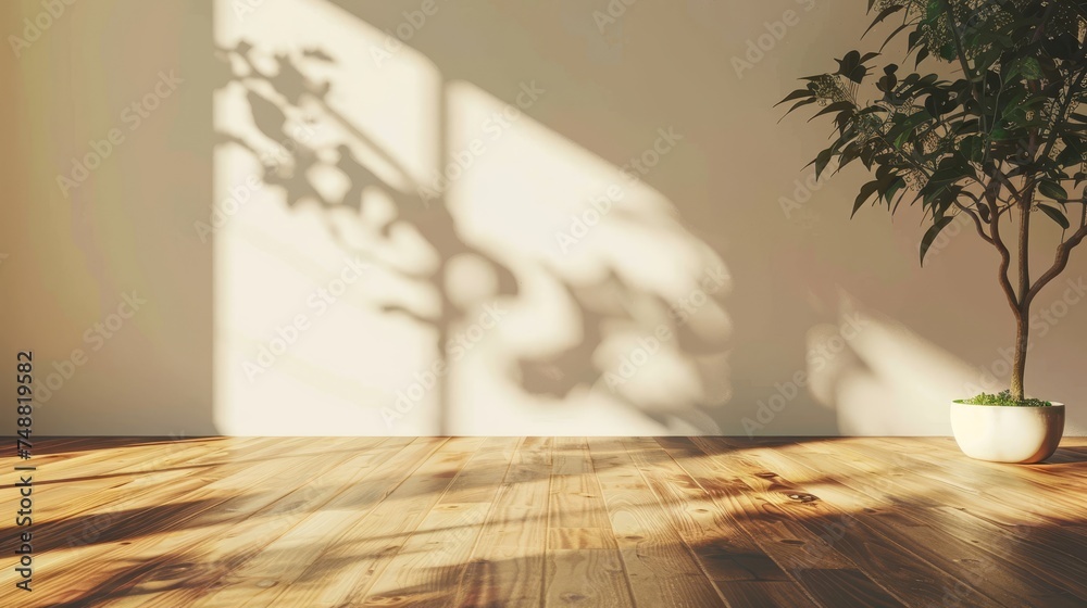Leinwandbilder mock-up of a minimalist interior design scene with the sun casting shadows on the wall. 3d rendering