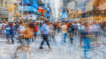 A blurred view of a busy city street filled with pedestrians, cars, and buildings, capturing the fast-paced movement and energy of urban life