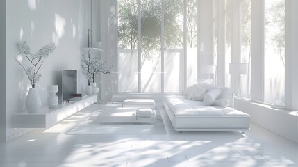 A white living room with furniture in a minimalist style on a bright laminate floor. An interior design with a TV and sofa set on a tree background.