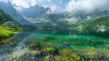 A crystal clear mountain lake with green grass and mountains around and cloudy sky.