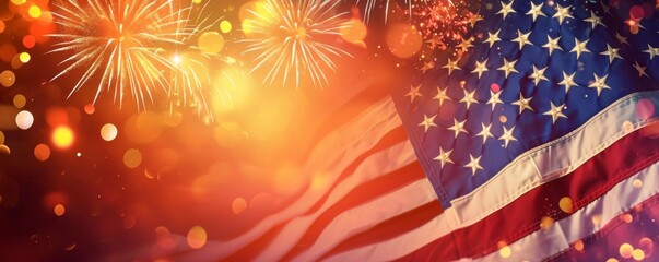 American flag with fireworks background. 4th of July Celebration concept banner. - obrazy, fototapety, plakaty