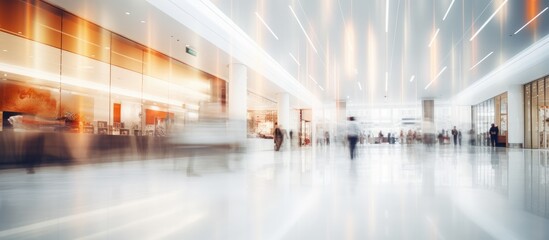 A group of people walking through a building, their movements blurred in the picture. The setting seems to be a luxurious shopping mall or retail store interior,