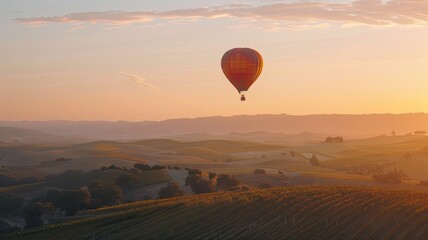 a hot air balloon ride at dawn, as it glides gracefully over a picturesque landscape of rolling hills and vineyards.