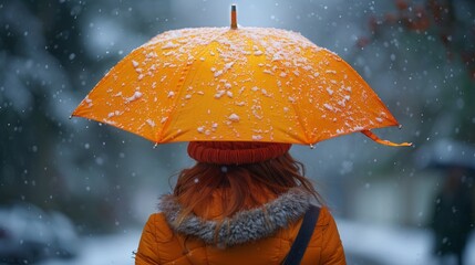 Adult woman with an orange umbrella in Finland, in the center of Turku. It's windy and snowin 