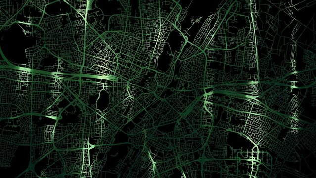 Zoom in road map of Munich Germany with green glowing roads on a black background.