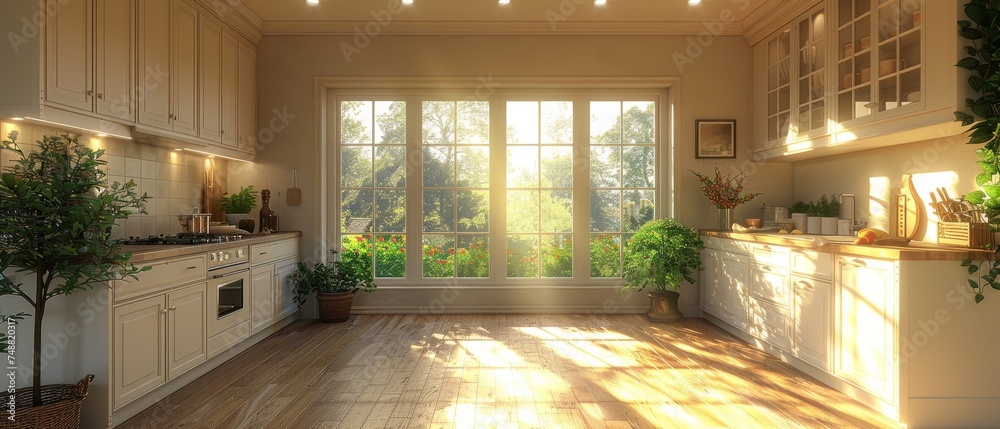 Poster this is a 3d rendering of an interior design of a bright kitchen with a white wall, accessories. thi