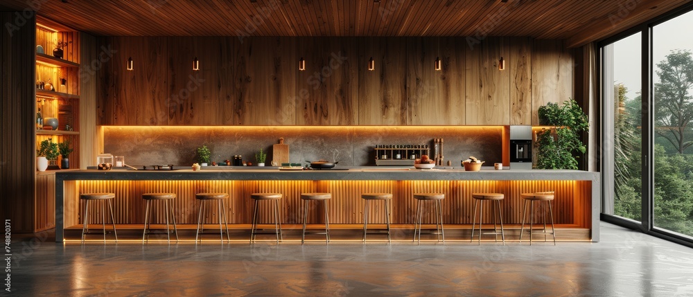 Poster featured here is a wooden kitchen with an island and bar stools. the top is marble, while the bottom