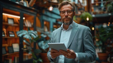 Fototapeta premium Businessman showing blank space on tablet and standing in office