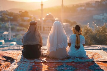 Muslim people praying together under the sunlight - obrazy, fototapety, plakaty
