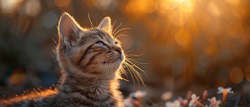 On a beautifully floral backdrop, a cute kitten rests in a styloid phlox in the garden.