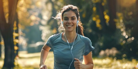 girls morning jogging with headphones Generative AI - obrazy, fototapety, plakaty