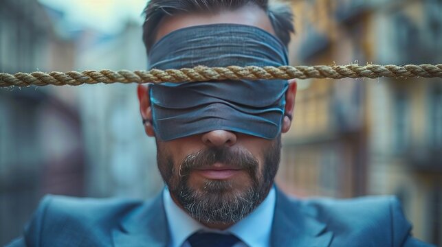 Businessman with blindfolder on eyes walking on rope over cityscape.