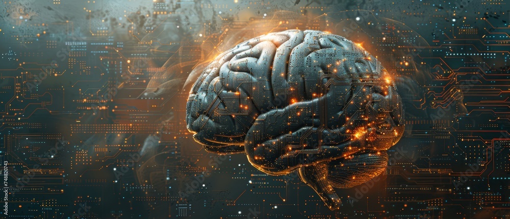 Poster Printed circuit board representing artificial intelligence (AI). AI, data mining, deep learning, modern digital technologies.