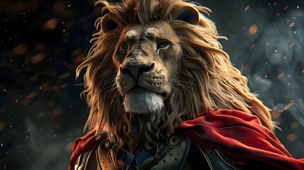 Photorealistic Lion in Battle with Sword and Red Cape