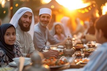 Muslim people eating together