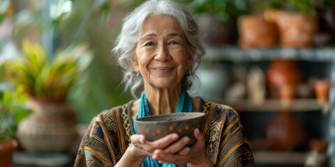 woman smiling happily while holding buddha bowl Generative AI