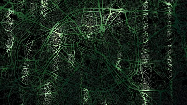 Zoom in road map of Paris France with green glowing roads on a black background.
