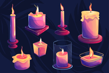 Set of three glowing candles with flame in cartoon style. Magic candlelight and purple colors. Decoration for wellness and spa.