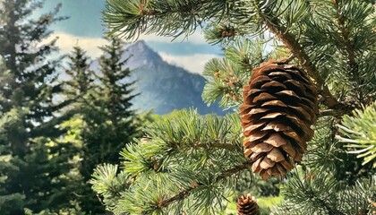 A conifer cone or pinecone on a tree, beautiful forest background