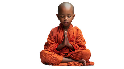 Young novice Buddhist monk, small kid in meditation sitting in lotus pose isolated on white, transparent. PNG