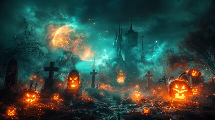 The Spooky Night Is Here - Halloween Backdrop - Pumpkins In Graveyard