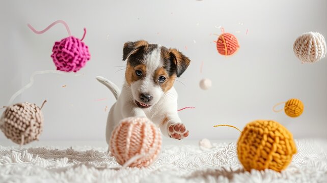 puppies playing with knit balls, the joy and innocence of the puppies as they interact with the colorful balls, evoking a sense of playful energy and happiness.