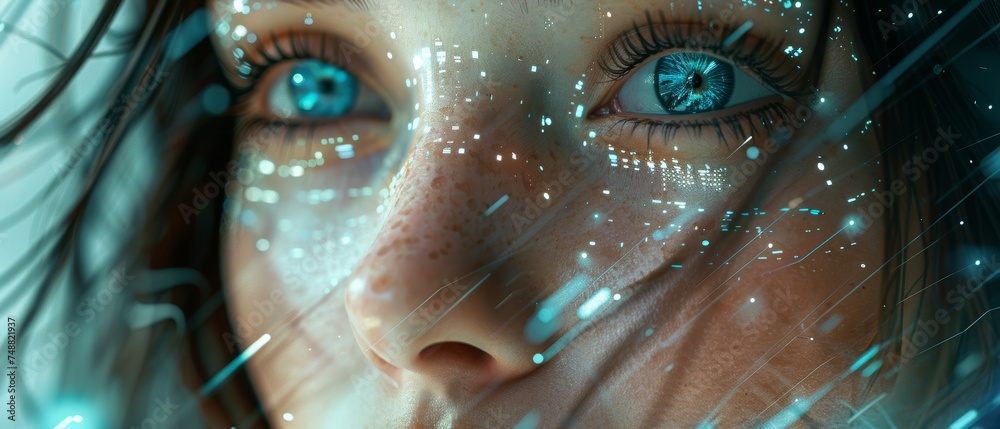 Poster This image depicts a beautiful robot woman with AI in virtual cyberspace amid data charts and diagrams. A neural network learning concept is seen. A female robot is floating in zero gravity.