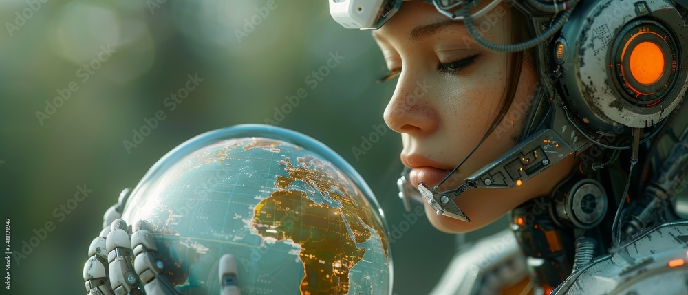 Poster humanity is saving itself from apocalypse. robot woman holds a globe on her shoulders. ai is saving 