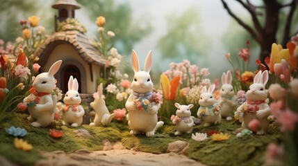 Easter bunny figurines surrounded by delicate spring flowers in a whimsical outdoor setting