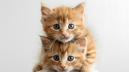 Obraz premium a ginger kitten sitting on the head of a fluffy ginger kitten