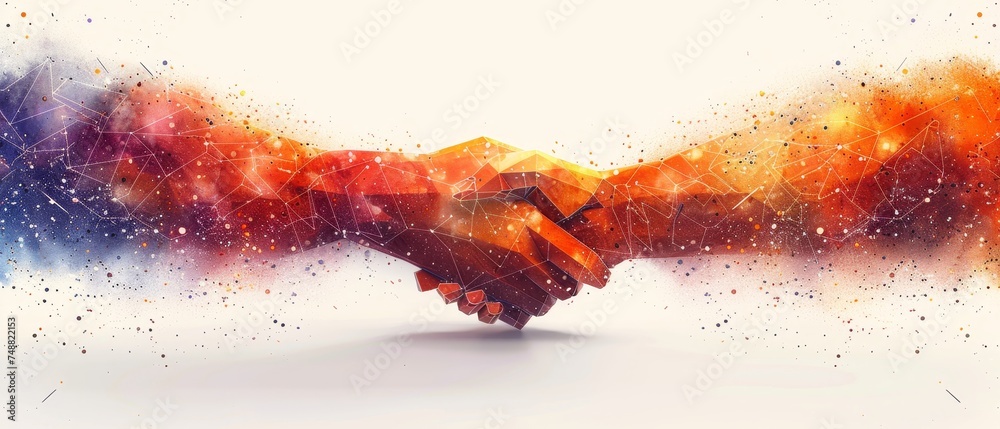 Aufkleber icons and lines of abstract business handshake origami on white background with stars and the univer
