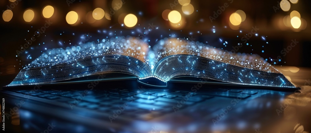 Poster online education blue background with open book. low poly wireframe illustration. digital illustrati