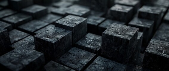 A cluster of cubes arranged closely together in a dark environment, their surfaces barely visible in the dim light.