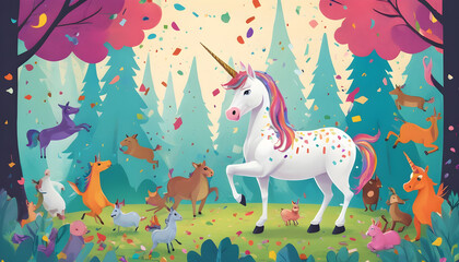 a unicorn is surrounded by many animals in a forest. april fools day greeting card background